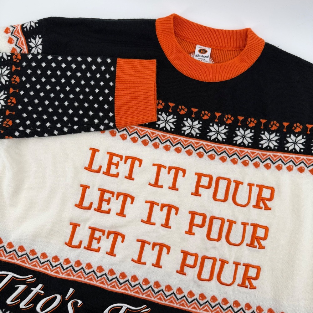 Titos Handmade Vodka Ugly Christmas Sweater Let It Pour‎ Mens XL Orange Black